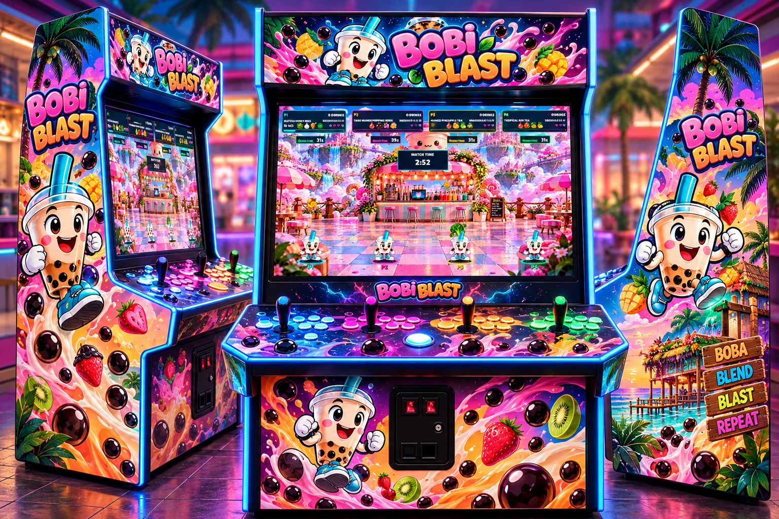 Bobi Blast themed four-player arcade cabinet with colorful character artwork and illuminated controls