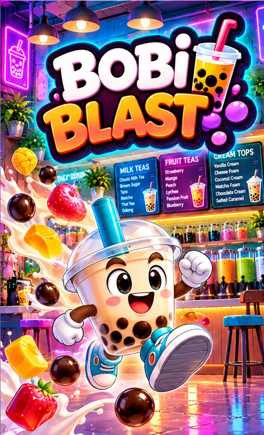 Bobi Blast arcade poster featuring Bobi and colorful ingredients
