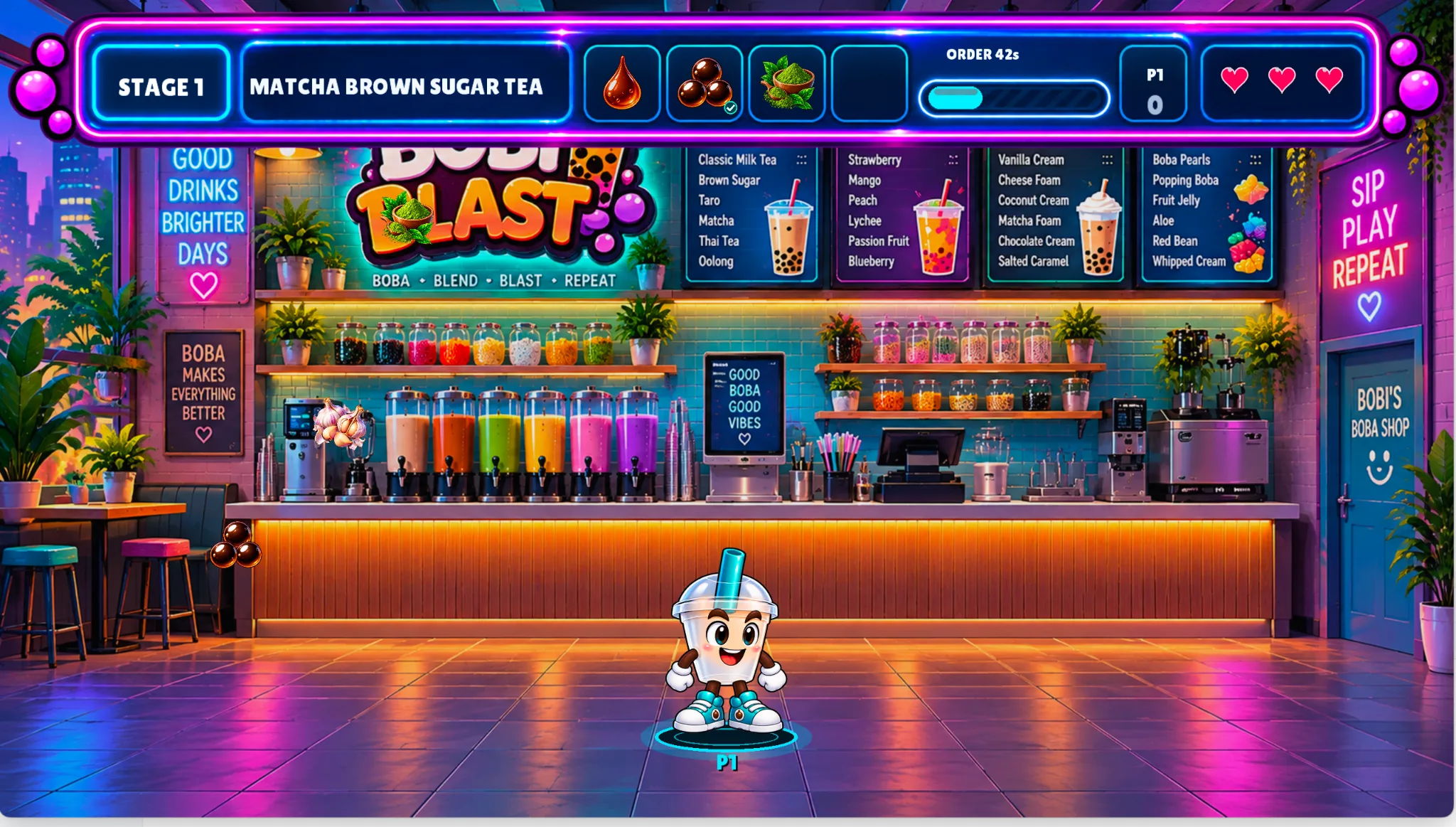 Actual single-player Bobi Blast gameplay with Bobi, the recipe HUD, and ingredients
