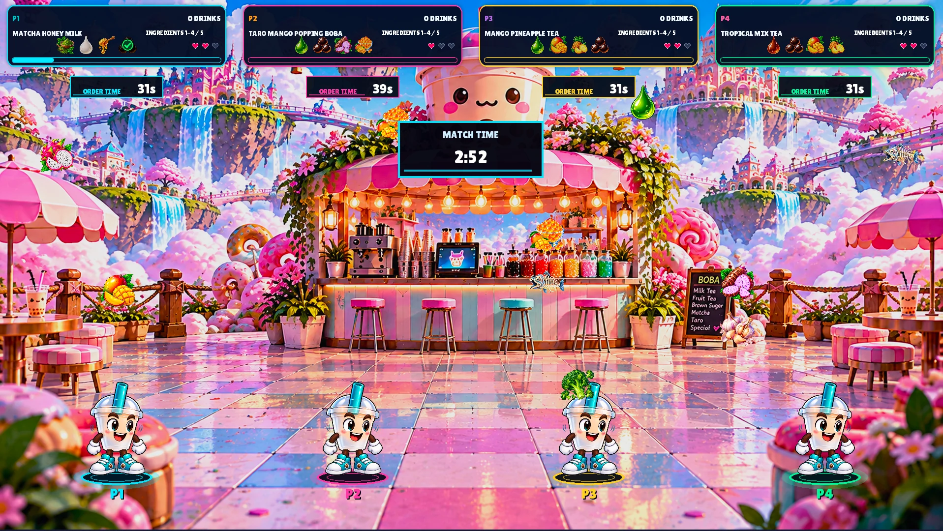 Actual four-player Bobi Blast gameplay screenshot showing four players, individual recipes, falling ingredients and match timer